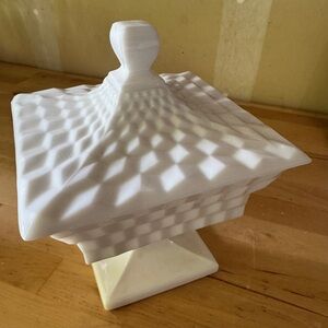 Vintage milk glass square covered candy dish